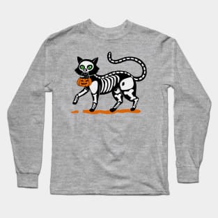 black cat in skeleton costume trick and threat Long Sleeve T-Shirt